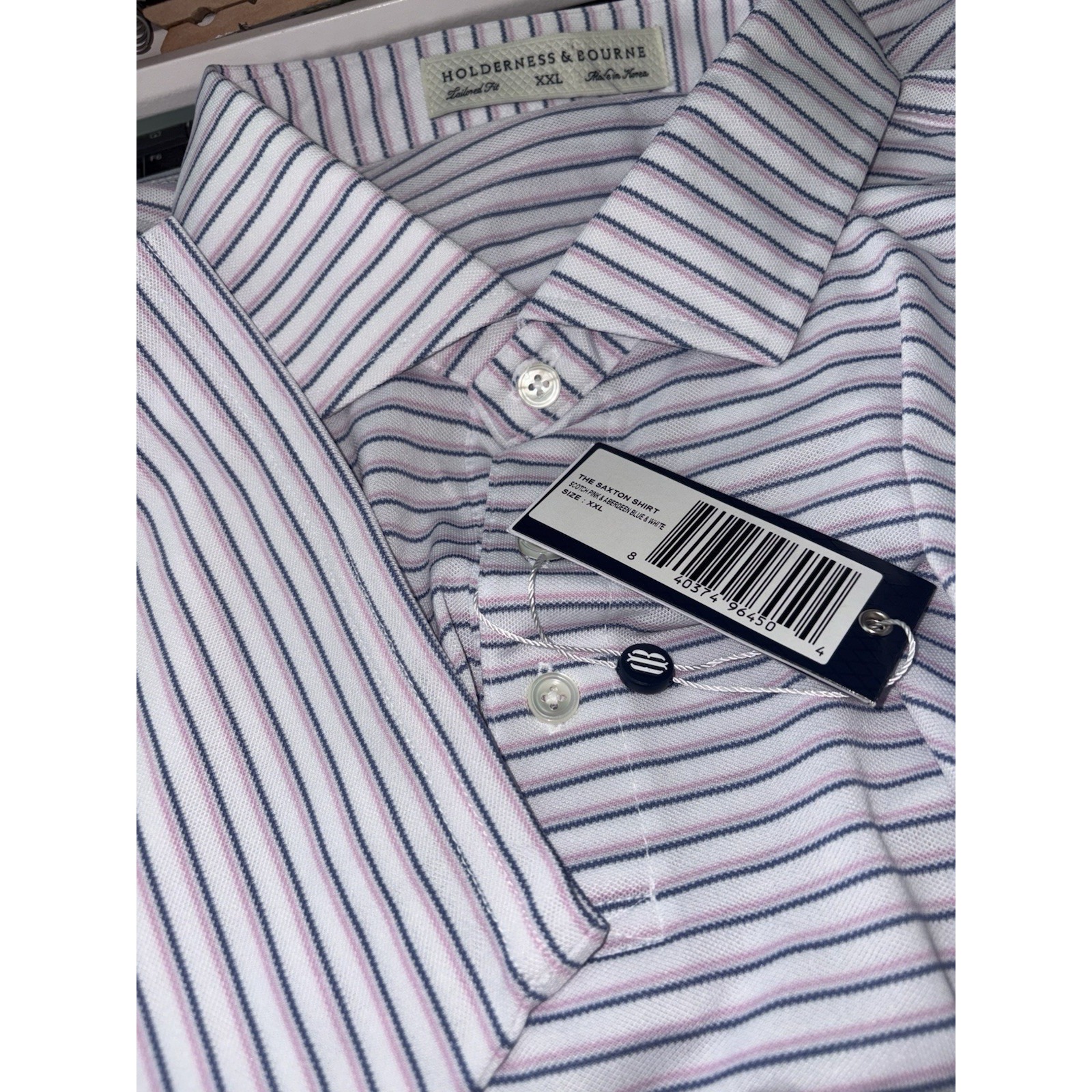 New Holderness & Bourne 2xl Xxl Saxton Pink Blue Striped Golf Polo Tailored Fit